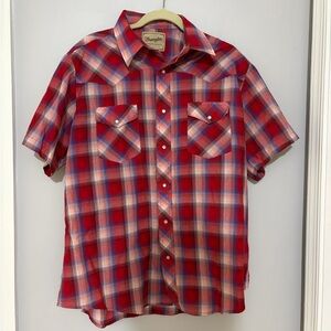 Wrangler Vintage Men's Red and Blue Plaid Pearl Snap Shirt